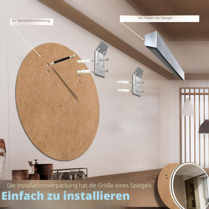 KWW 60 cm LED Runder Badezimmer Eitelkeitsspiegel, Farbtemperatur Einstellbar, Anti-Nebel Dimmbare L