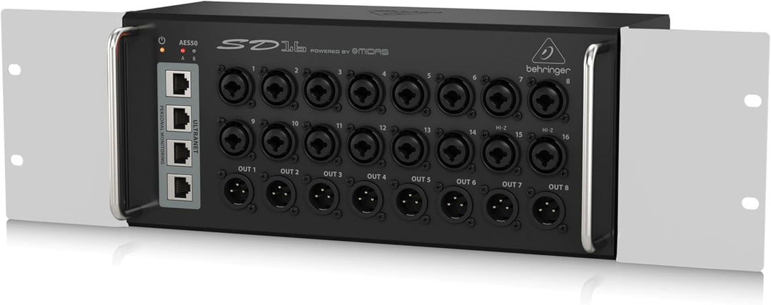 Behringer SD16 I/O Stage Box with 16 Remote-Controllable Midas Preamps, 8 Outputs, AES50 Networking