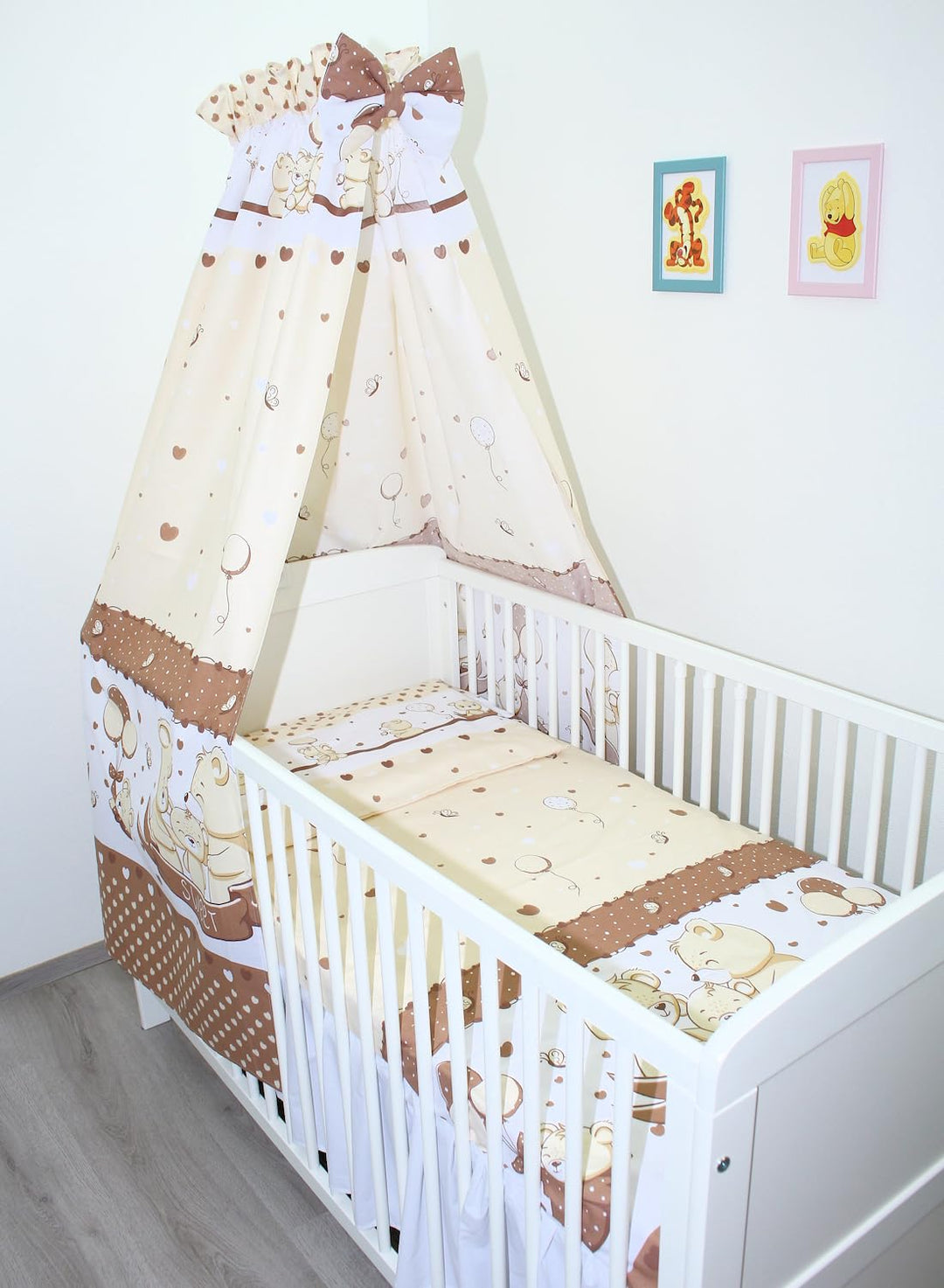 Baby Bettset Bettwäsche mit Himmel Vollstoff - Bärchen Braun - Bettausstattung Set (7 teilig), 7 tei