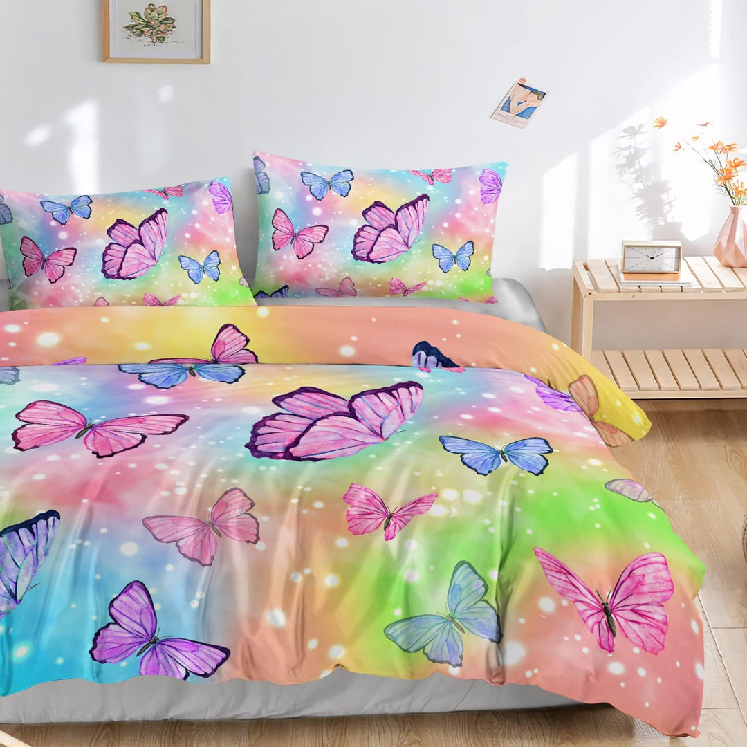 HOSIMA Schmetterlings-Bettwäsche-Set für Mädchen, Aquarell-Schmetterlingsmuster, bunter Druck, Bettb