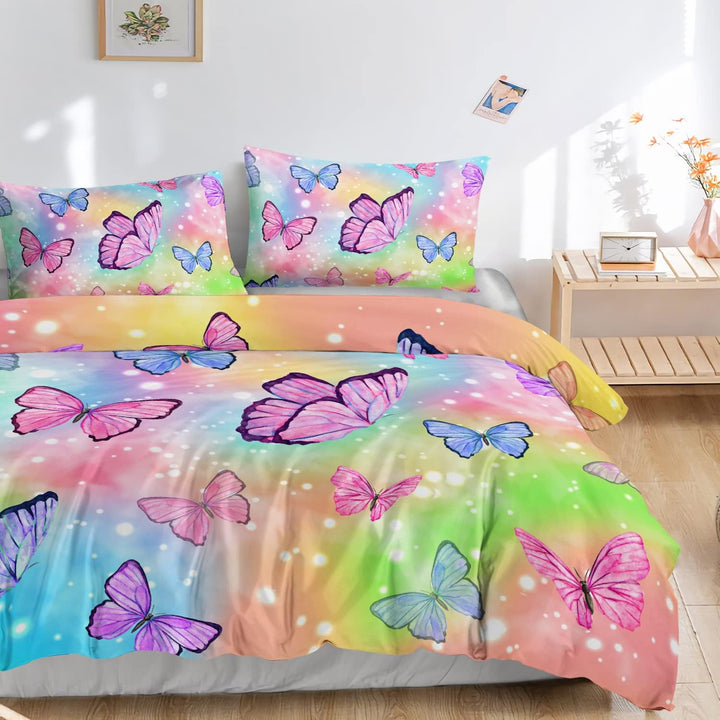 HOSIMA Schmetterlings-Bettwäsche-Set für Mädchen, Aquarell-Schmetterlingsmuster, bunter Druck, Bettb