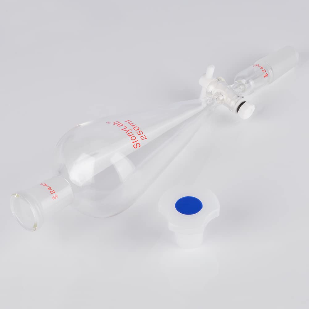 StonyLab 250 ml Trichter aus Borosilikatglas, Separatory Funnel, Schwerwandig Konisch mit 24/40 Gele
