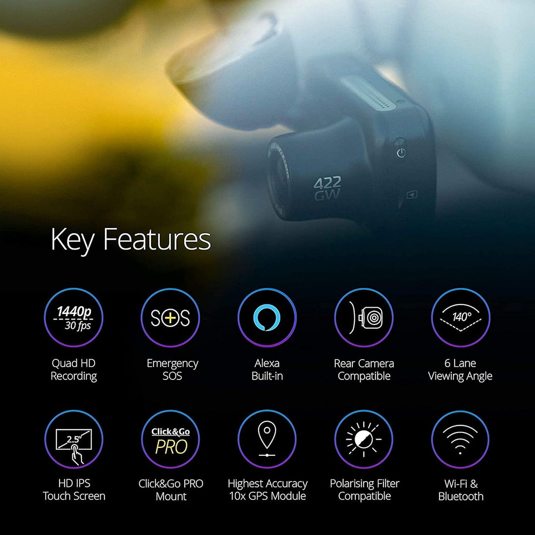 Nextbase 422GW Dashcam Auto Vorne Hinten - 280° / 360 Weitwinkel, 1440P/30fps HD WiFi 10Hz GPS Bluet