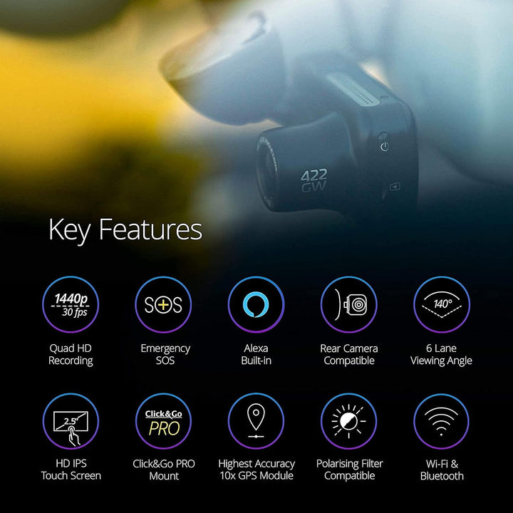 Nextbase 422GW Dashcam Auto Vorne Hinten - 280° / 360 Weitwinkel, 1440P/30fps HD WiFi 10Hz GPS Bluet