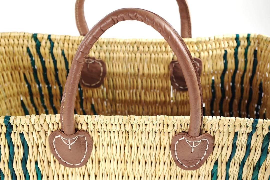 Kobolo Tasche Seegrastasche Korbtasche- Stripes - Lederhenkel - grünes Muster