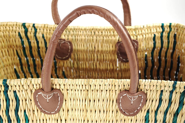 Kobolo Tasche Seegrastasche Korbtasche- Stripes - Lederhenkel - grünes Muster