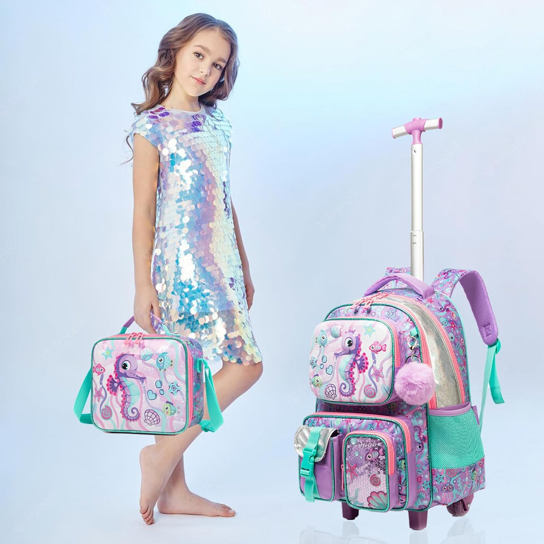 Egchescebo Kinder Rolling Rucksack für Mädchen Seepferdchen Koffer Trolley Roller Gepäck Rucksäcke a