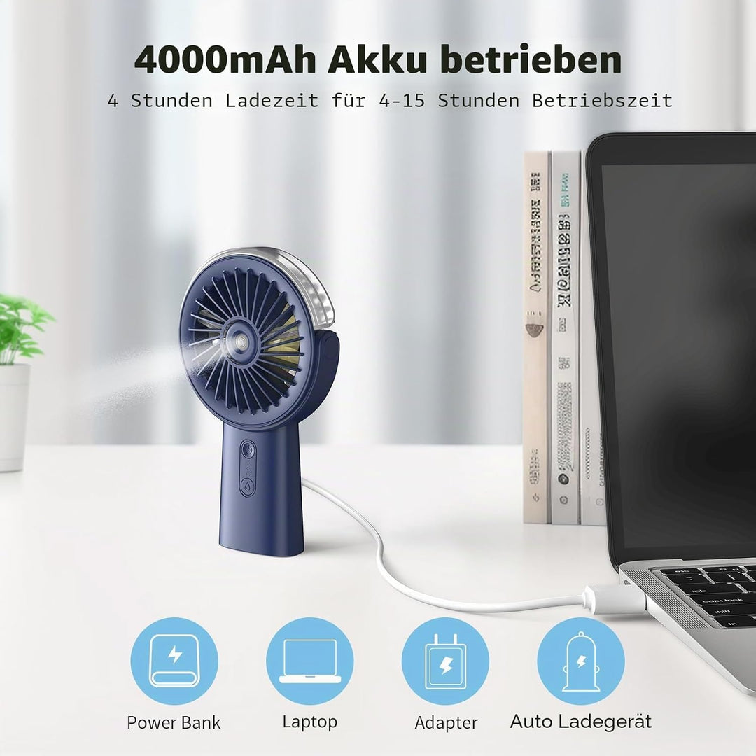 Otlonpe Handventilator Mit Wasserkühlung, 4000mAh Hand Ventilator Akku Aufladbar Mit Wasser, 3 Gesch