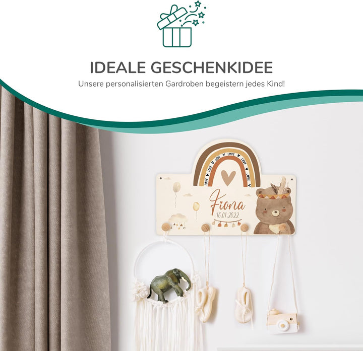 KIDSMOOD Personalisierte Wand-Garderobe mit Wunschnamen, Kleiderhaken aus Holz mit süssem Tier-Motiv