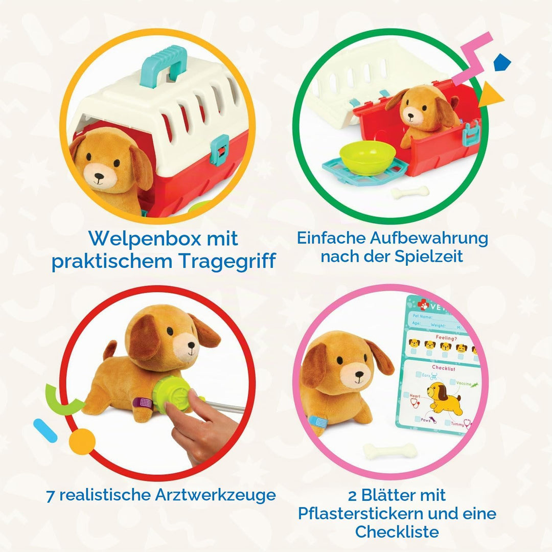 Battat – Welpenpflege Vet Kit – Mini-Tierarzt-Spielset (11 Teile) – Plüschhund &amp; Tragetasche – Aufkl