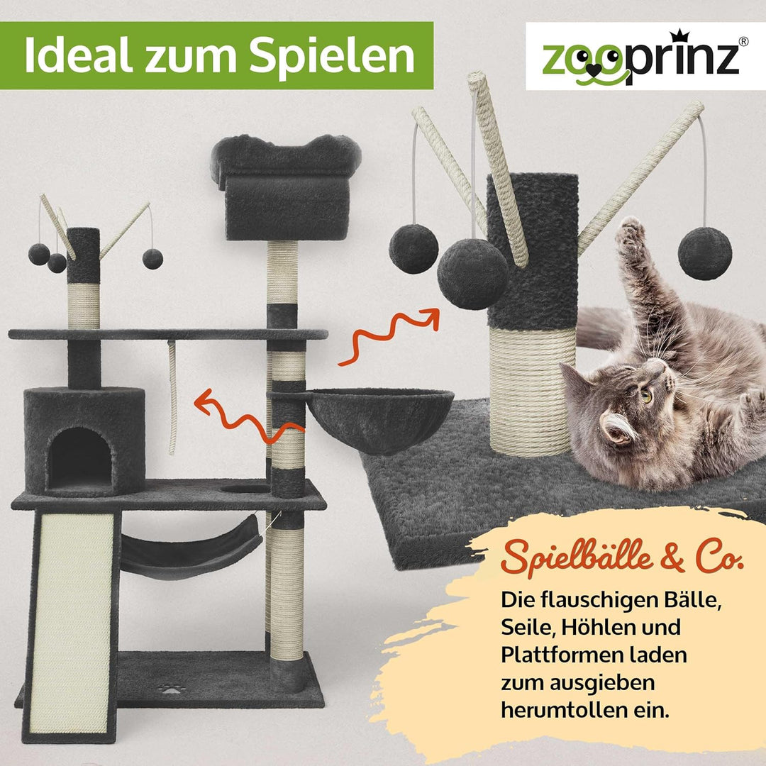 zooprinz extra breiter kratzbaum – XXL Premium Kratzbaum mit dicken Sisal Säulen, Höhle, Hängematte,