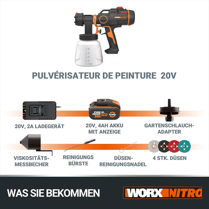 WORX WX020 Nitro Akku-Farbsprühsystem 20V - leistungsstark bürstenloser Motor - 3 Sprühform & 4 Düse