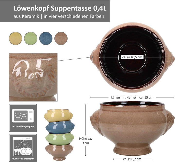 MamboCat 4er Set Löwenkopf Suppentassen I 400ml, 0,4L I je 1x Gelb, Grün, Blau & Braun I Suppenterri