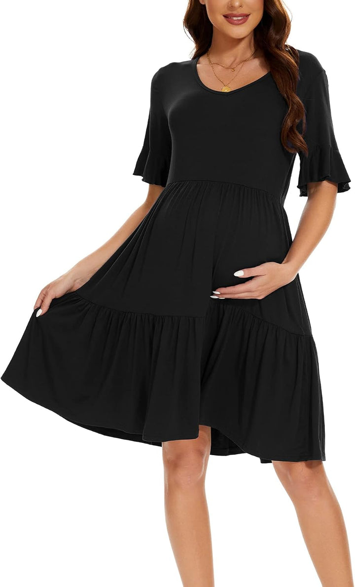 Smallshow Damen Umstandskleid Kurzarm Sommer Schwangerschafts Umstandsmode Kleid L Schwarz, L Schwar