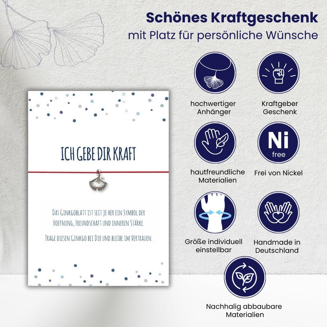 Glücksschmiedin – Grusskarte „Kraft“ mit Wunscharmband & Ginkgo-Anhänger – Mutmacher Geschenk mit Be