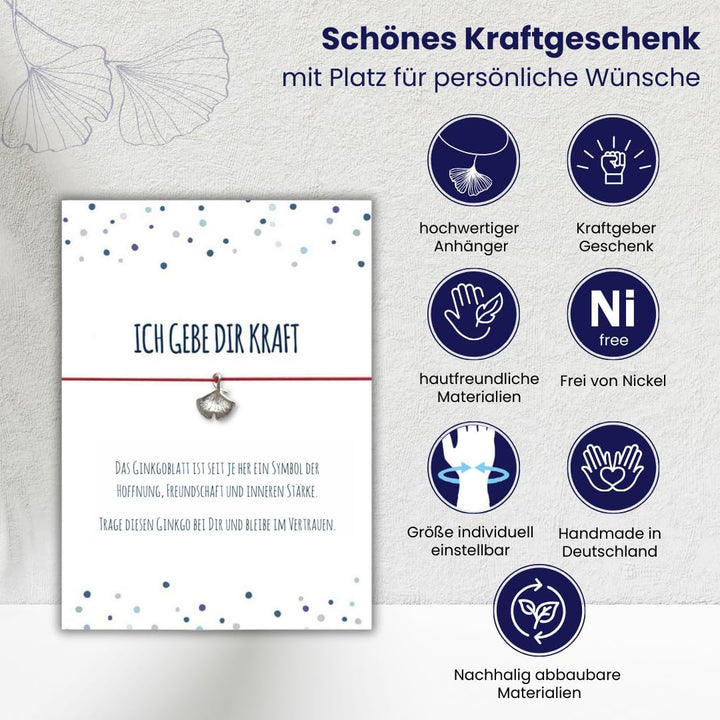 Glücksschmiedin – Grusskarte „Kraft“ mit Wunscharmband & Ginkgo-Anhänger – Mutmacher Geschenk mit Be