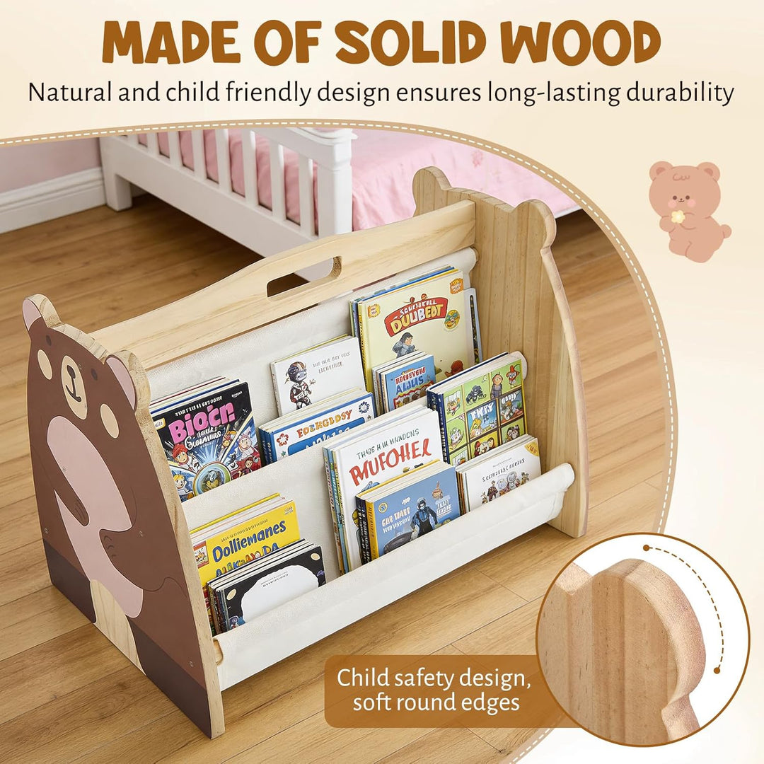 Kinder Bücherregal Holz mit 2 Etagen Bücherdisplays, Montessori Bücherregal Kinder, Kinderregal, Büc