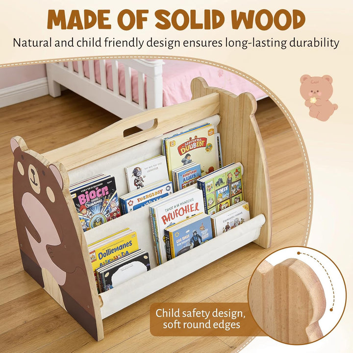 Kinder Bücherregal Holz mit 2 Etagen Bücherdisplays, Montessori Bücherregal Kinder, Kinderregal, Büc