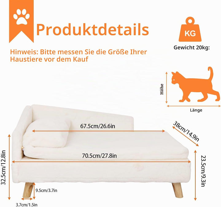 BingoPaw Luxus katzensofa Haustiersofa mit Rückenlehne Plüsch Kissen Holzbeinen, Hundesofa für klein