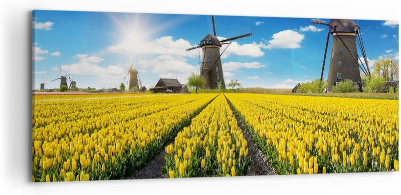 ARTTOR Wandbilder Dekoration Wohnzimmer Tulpen Windmühle Wiese Landschaft Bilder auf Leinwand 120x50