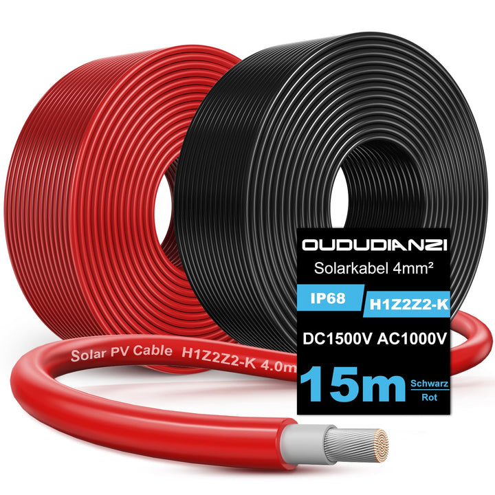 Oududianzi Solarkabel 4 mm² 15 m, Verlängerungskabel Solarpanel 10/15/20/30 m, Photovoltaikkabel, So