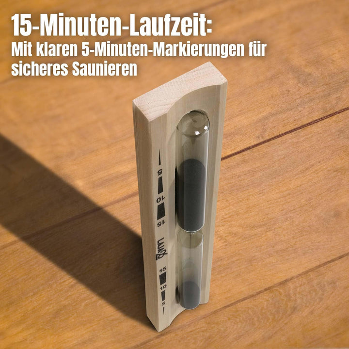 LaJa26 Sauna Sanduhr "Konkav" schwarzer Sand - FSC Espenholz - Drehgestell aus Holz zur Montage an d