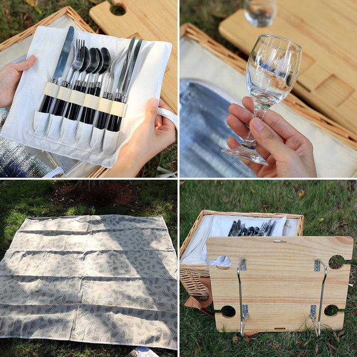 Hap Tim Picknickkorb aus Weidengeflecht für 4 Personen, mit faltbarem Mini-Wein-Picknicktisch und gr