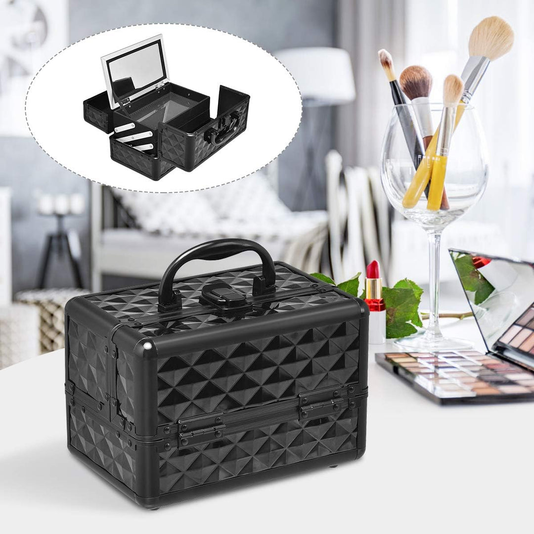 GOPLUS Kosmetikkoffer, Schminkkoffer leer mit Spiegel &amp; 2 ausziehbare Ablagen, Makeup Oragnizer trag