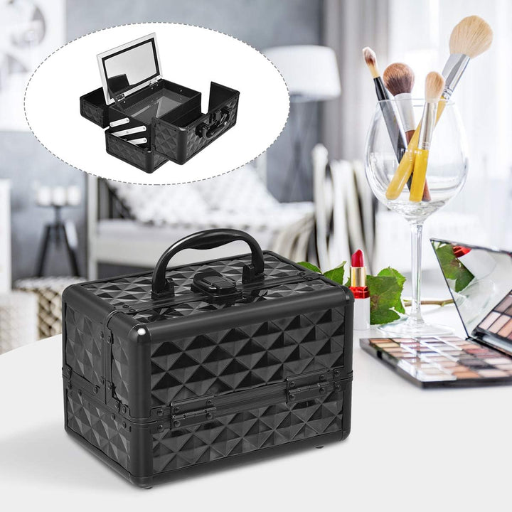 GOPLUS Kosmetikkoffer, Schminkkoffer leer mit Spiegel &amp; 2 ausziehbare Ablagen, Makeup Oragnizer trag