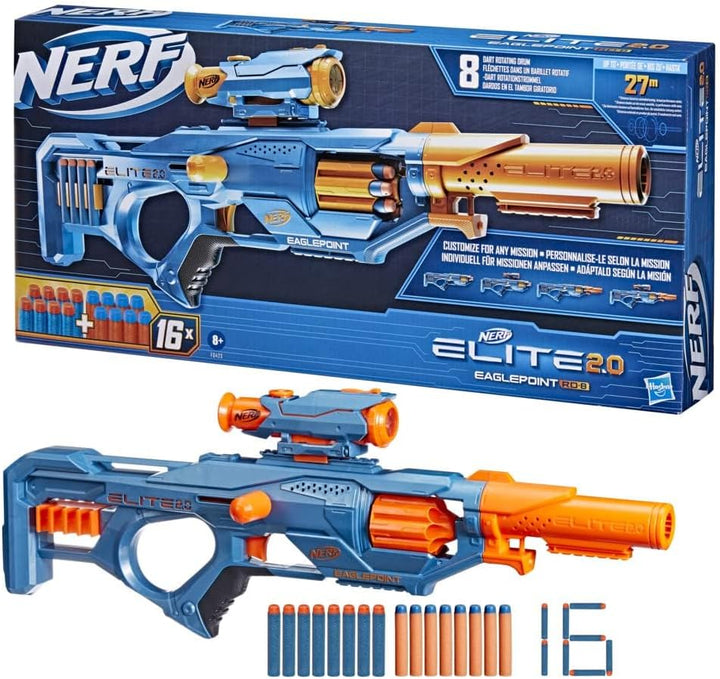 Nerf Elite 2.0 Eaglepoint RD-8 Blaster, 8-Dart Trommel, Abnehmbares Fernrohr und Abnehmbarer Lauf, 1