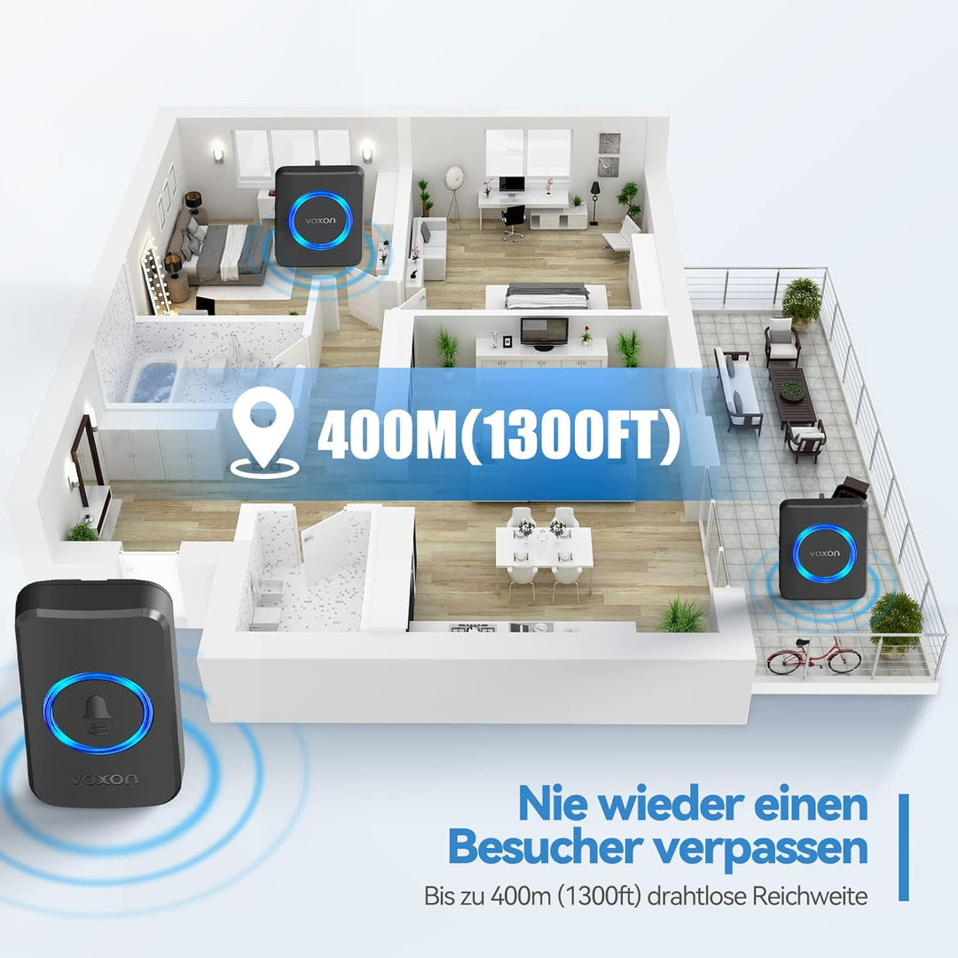 VOXON Funkklingel, 400m Reichweite Türklingel Funk Set, IP65 Aussen Wasserdicht Klingel Haustür mit