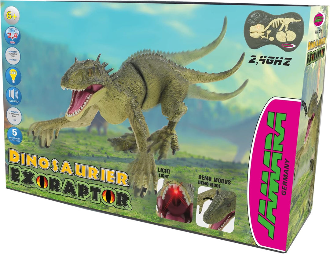 JAMARA 410180 Dinosaurier Exoraptor Li-Ion 3,7V 2,4GHz-Vorderfüsse auf 2 Rollen, bewegliche Teile, r