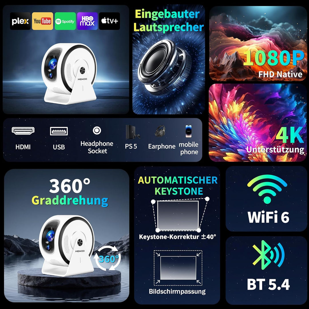 [Integrierte App] Mini Beamer Unterstützt 4K 1080P 2026, Projektor Auto Fokus und Trapezkorrektur, 3