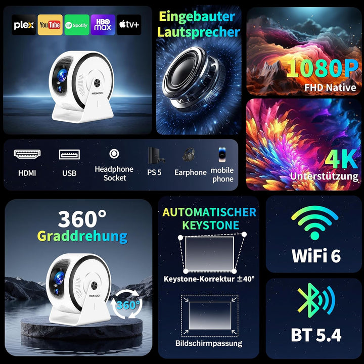 [Integrierte App] Mini Beamer Unterstützt 4K 1080P 2026, Projektor Auto Fokus und Trapezkorrektur, 3