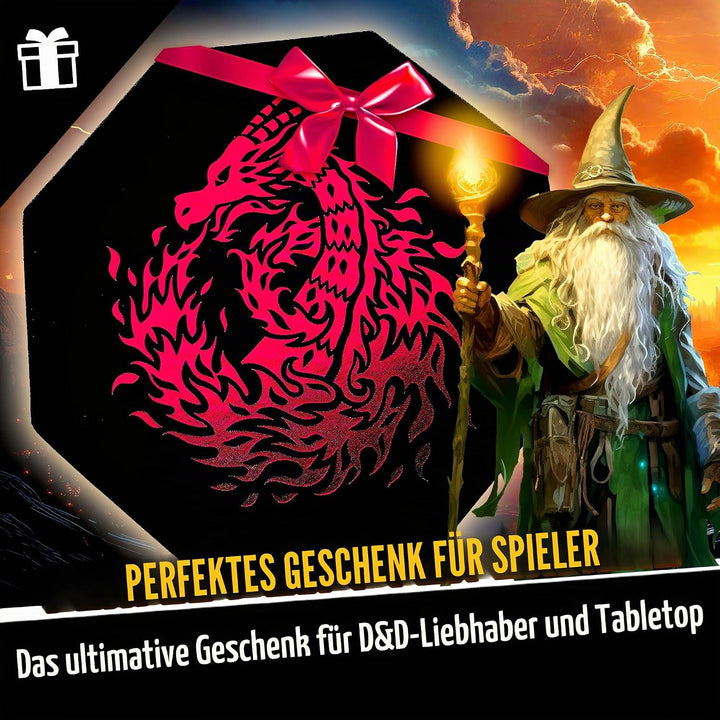 Fantasydice - Rot - Feuerdrache - Würfeltablett - 20,3 cm achteckig mit Deckel und Würfelfel-Bereich