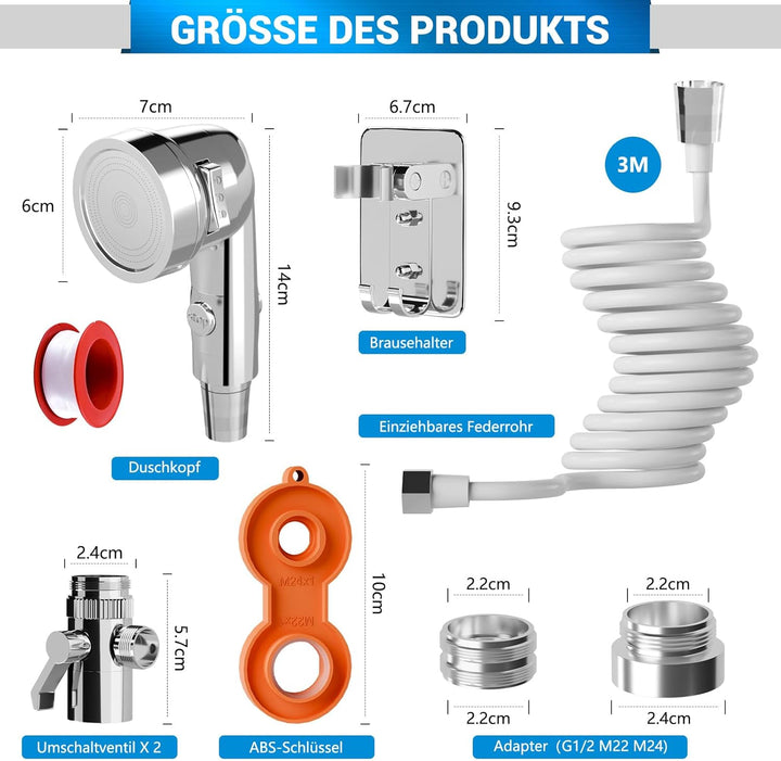 Handbrause für Waschbecken, Waschbeckenbrause Duschkopf mit 3M Schlauch, Handbrause Mit Halterung, W
