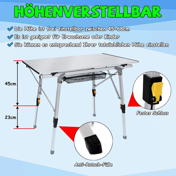 Froadp Campingtisch Faltbar aus Aluminium Höhenverstellbar Klapptisch Camping Zubehör 45x90x52cm Fal