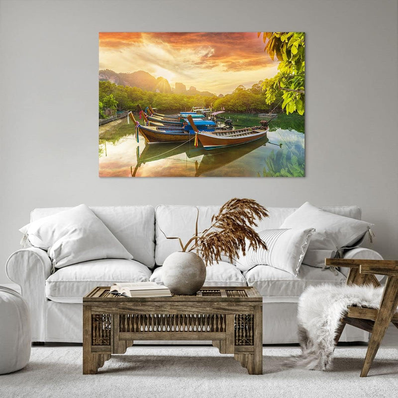 Bilder auf Leinwand 100x70cm Leinwandbild mit Rahmen Berge Boot Wasser Gross Wanddeko Bild Schlafzim