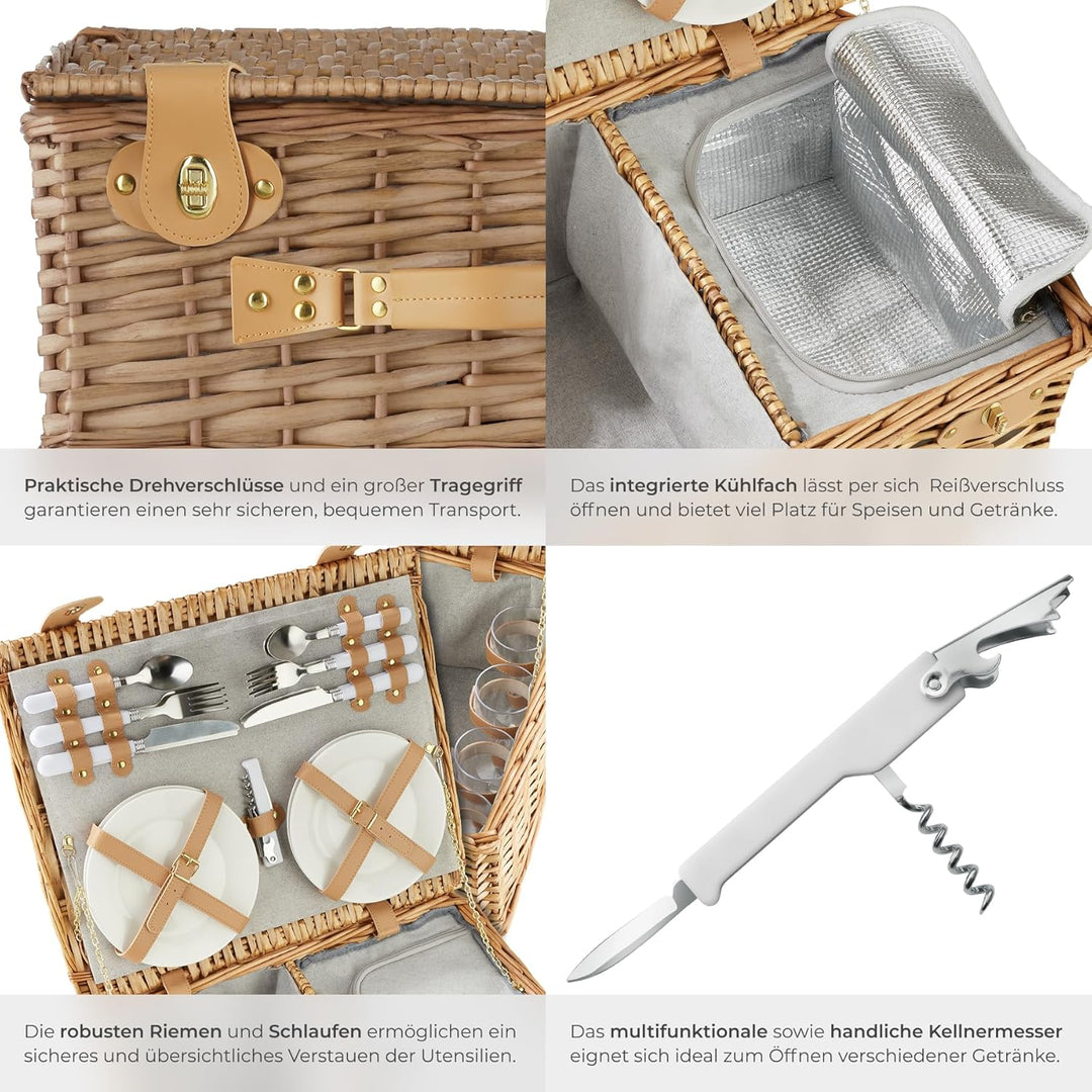 tectake® Picknickkorb 4 Personen, inkl. Kühlfach, befüllter Picnic Basket Weidenkorb für Ausflug, Ca