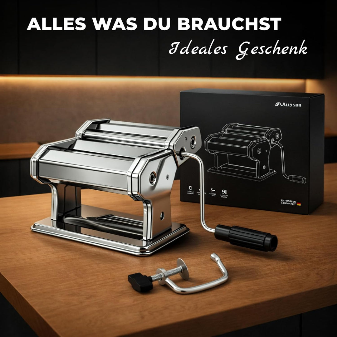 Allyson® Nudelmaschine Manuell Edelstahl – Pastamaschine mit 9 Einstellbaren Stärken &amp; Tischklemme –
