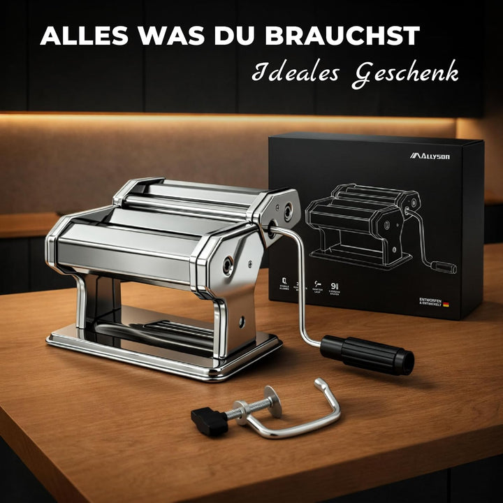 Allyson® Nudelmaschine Manuell Edelstahl – Pastamaschine mit 9 Einstellbaren Stärken &amp; Tischklemme –