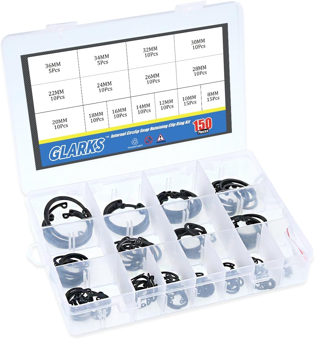 Glarks 150 Stück 15 Grössen metrische Legierung Stahl Interne Sicherungsringe Sicherungsring Sortime