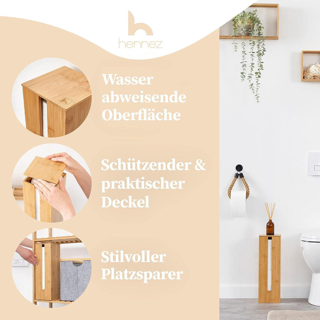 HENNEZ Toilettenpapier Aufbewahrung Bambus 4 Rollen Klopapier mit Deckel & Ablage Ersatzrollenhalter