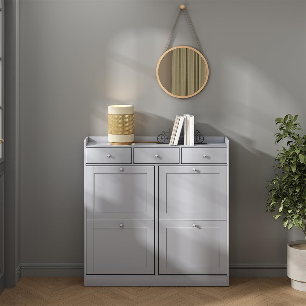 Vicco Schuhkipper Vitto, Grau, 100 x 99.5 cm mit 3 Schubladen & 4 Klappfächern, zur platzsparenden A