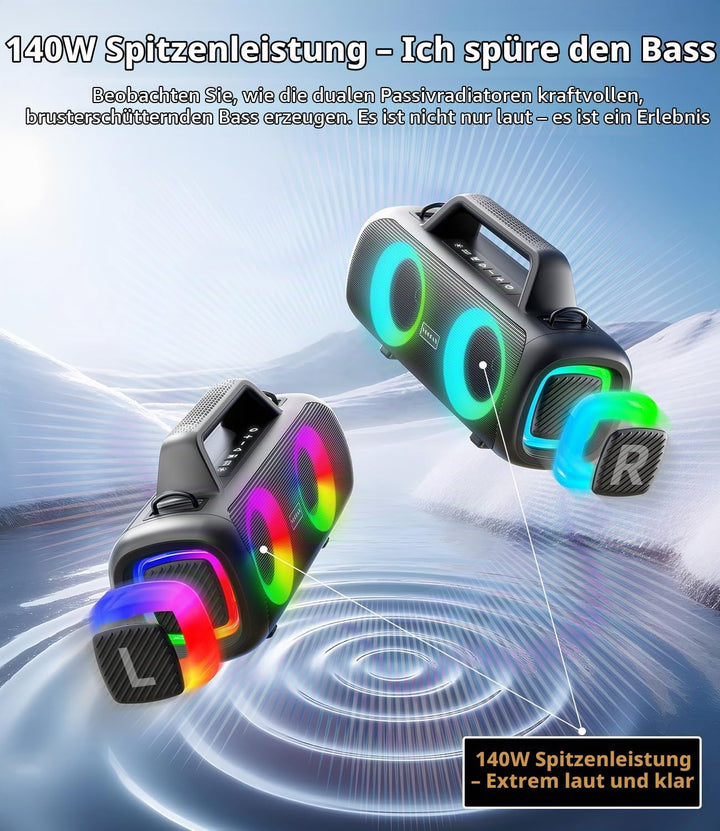 Portable Bluetooth Speaker Wireless,140W Peak Loud Sound with 2 Subwoofers &amp; Bass Boost, IP65 Waterp