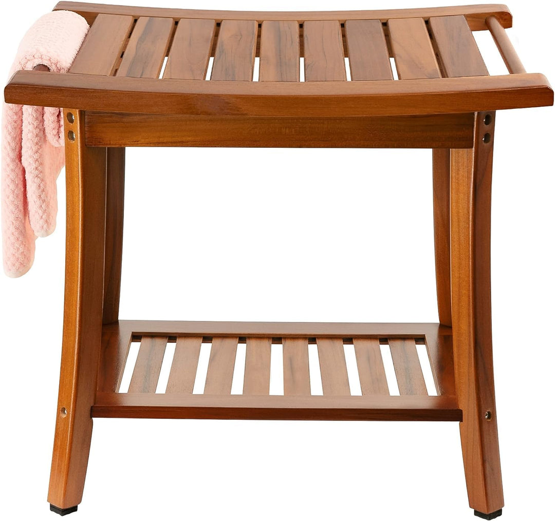 Utoplike Teak Dusche Sitz mit Griffen, tragbare hölzerne Spa Badehocker mit Lagerung Handtuch Regal,