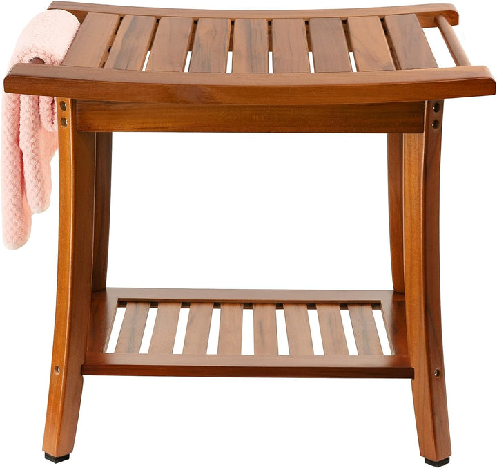 Utoplike Teak Dusche Sitz mit Griffen, tragbare hölzerne Spa Badehocker mit Lagerung Handtuch Regal,