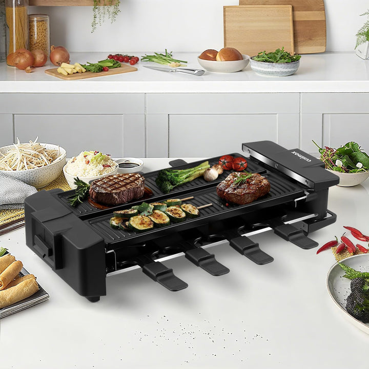 CUSIMAX Raclette Grill, Drehbarer Raclette mit 2 Separaten Grillplatten, 1400W Raclette für 8 Person