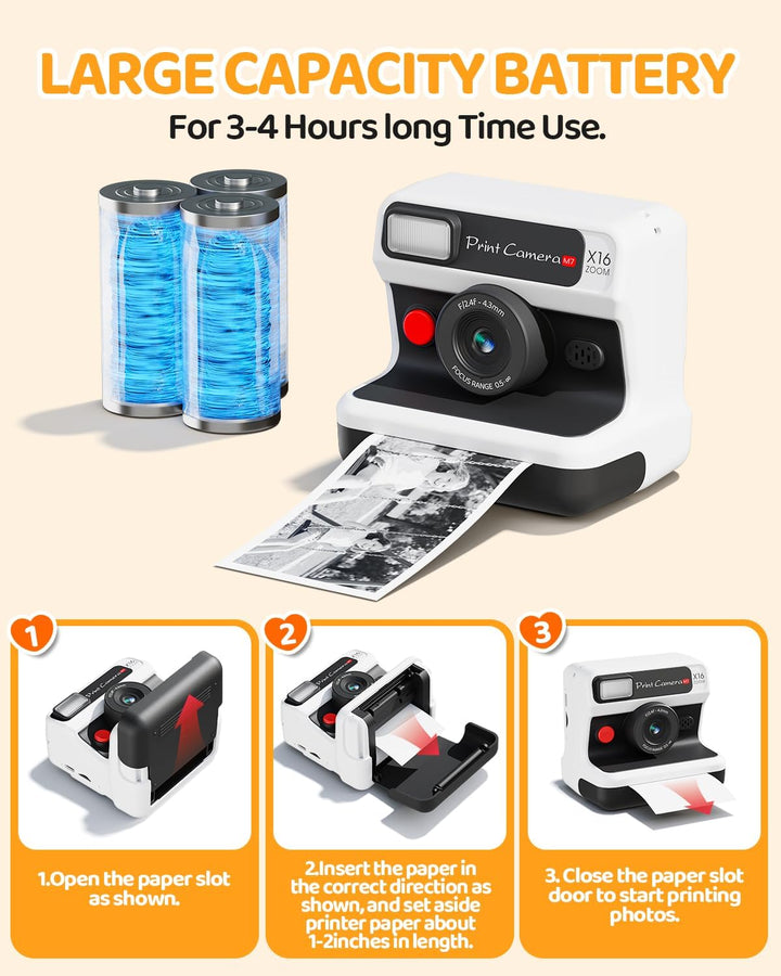 Kinderkamera Sofortbildkamera, 1080P HD Sofortbildkamera Kinder mit 32 GB Karte und 3 Papierrollen,