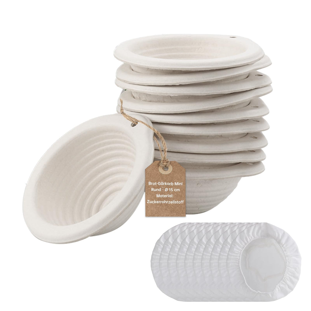 10er Set Runder Gärkorb Ø 15 x 6,5 cm aus Zellstoff | Mini Brotform mit 10 Leinentüchern | Backkorb